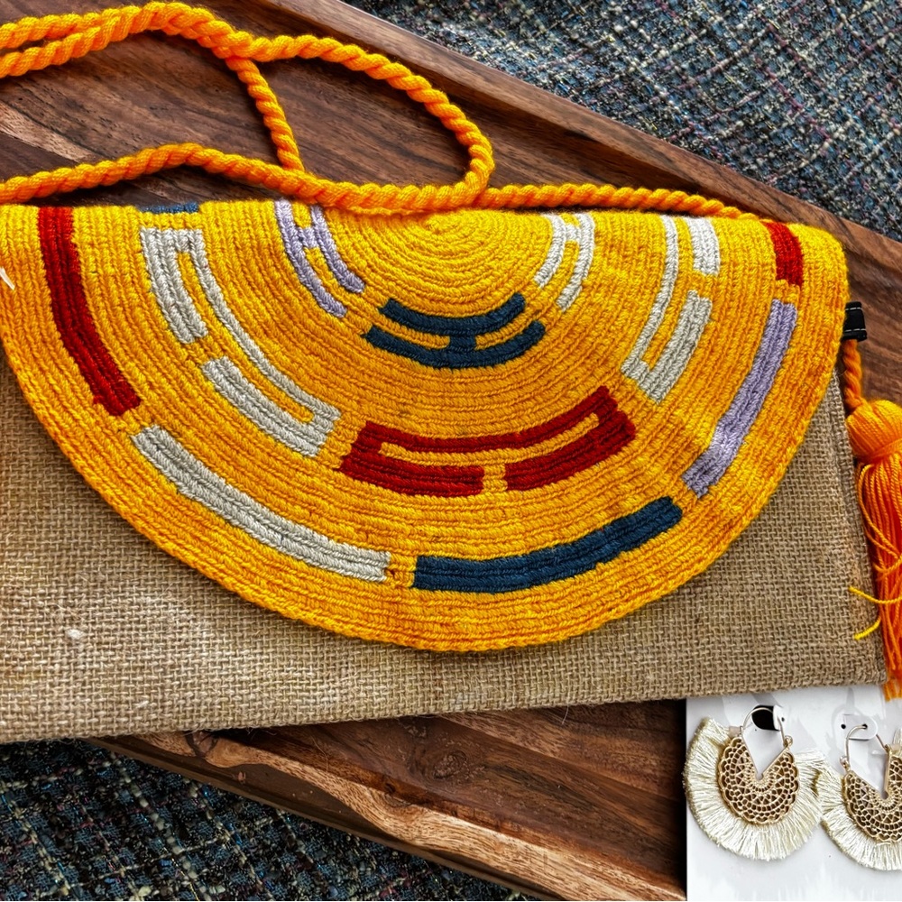 Handwoven Wayuu Crossbody Yellow Half moon clutch Bag & tassel earrings